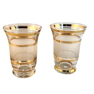 Mid-Century Modern Set Of 2 Frosted Glasses With Gold Stripes 3.25" Tall x 2.25"